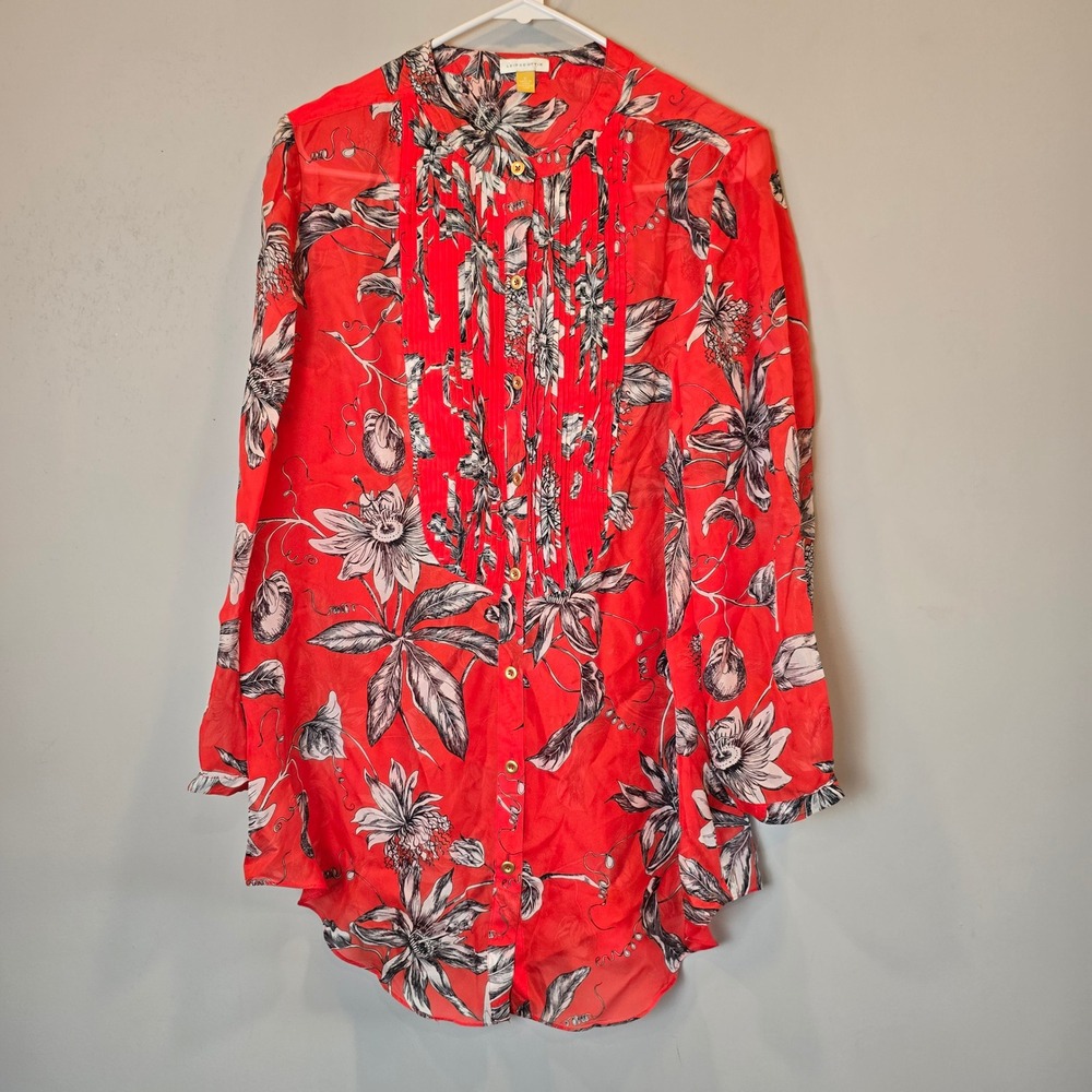 Anthropologie Leifsdottir Blouse Silk Long Sleeve Sheer Floral Womens 8 Red